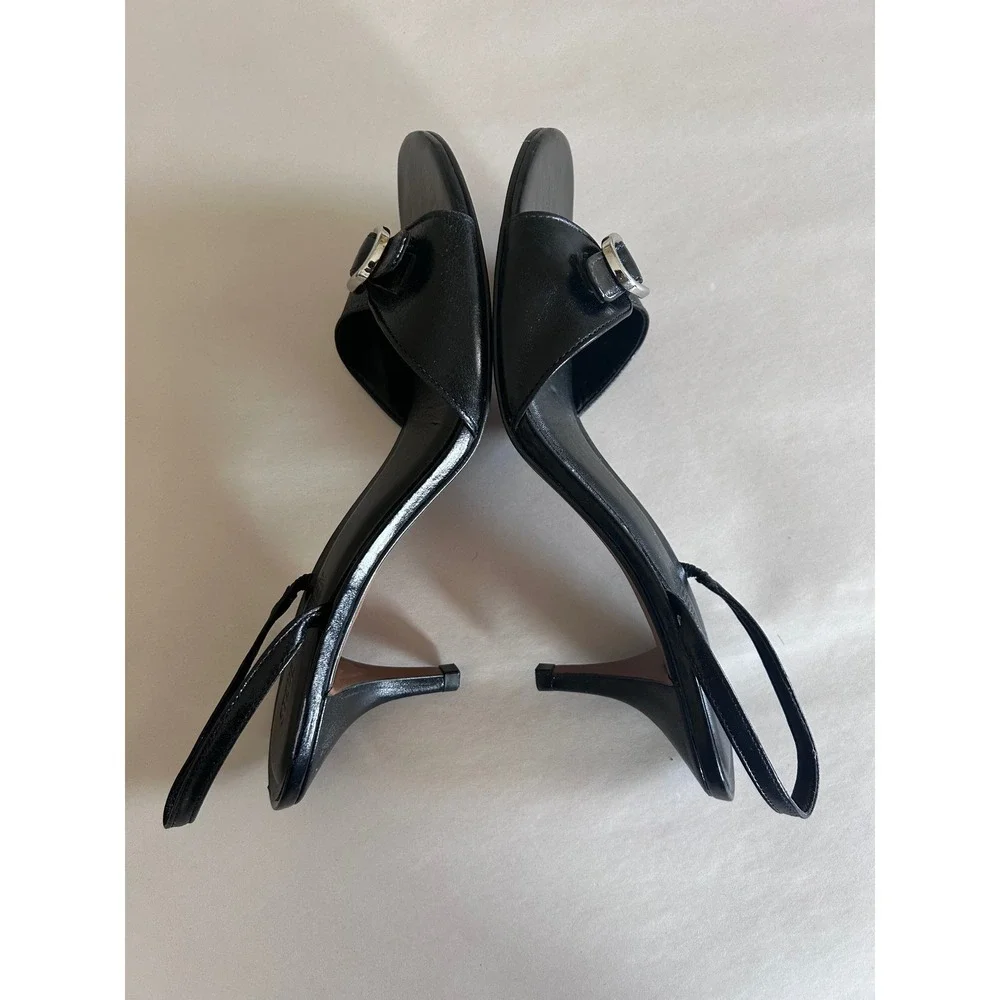 Steve Madden Womens Black Leather Buckle Slingback Kitten Heels Size 8M Brazil